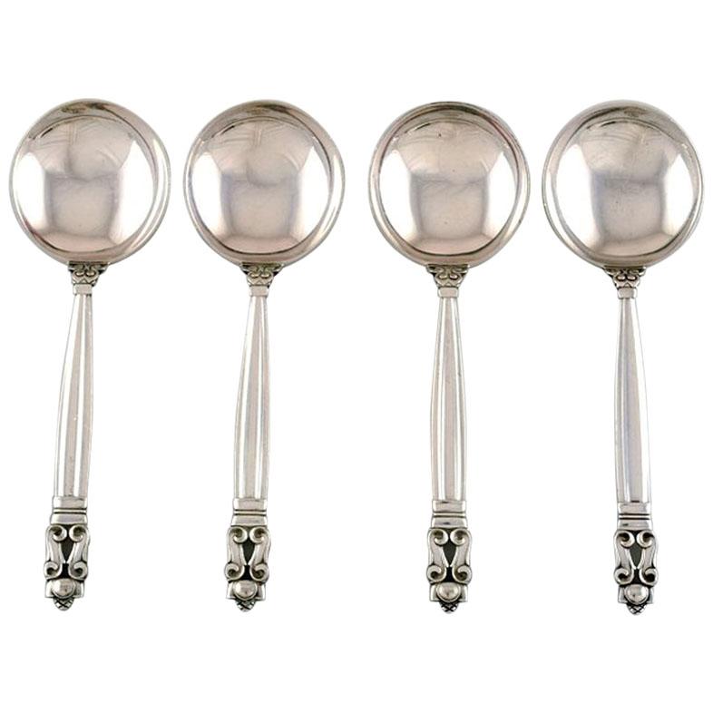 Georg Jensen "Acorn" Bouillon Spoon in Sterling Silver, 4 Pieces in Stock