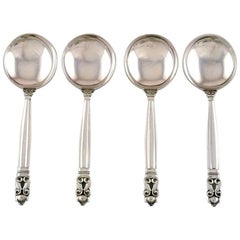Georg Jensen "Acorn" Bouillon Spoon in Sterling Silver, 4 Pieces in Stock