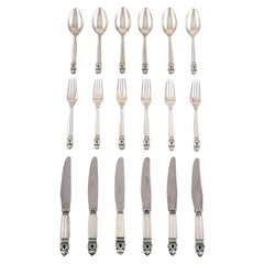 Georg Jensen "Acorn" Complete 6-Person Lunch Service in Sterling Silver. 