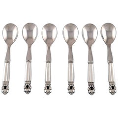 Georg Jensen "Acorn" Egg Spoon # 85, Silver with Steel, 6 Pieces in Stock