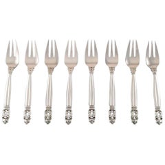 Vintage Georg Jensen "Acorn" Fish Fork in Sterling Silver, 8 Pieces, in Stock