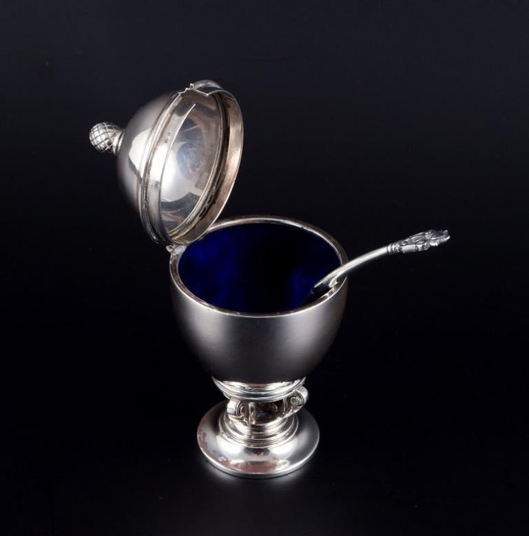 Art Deco Georg Jensen, Acorn. Mustard jar with spoon in sterling silver. For Sale