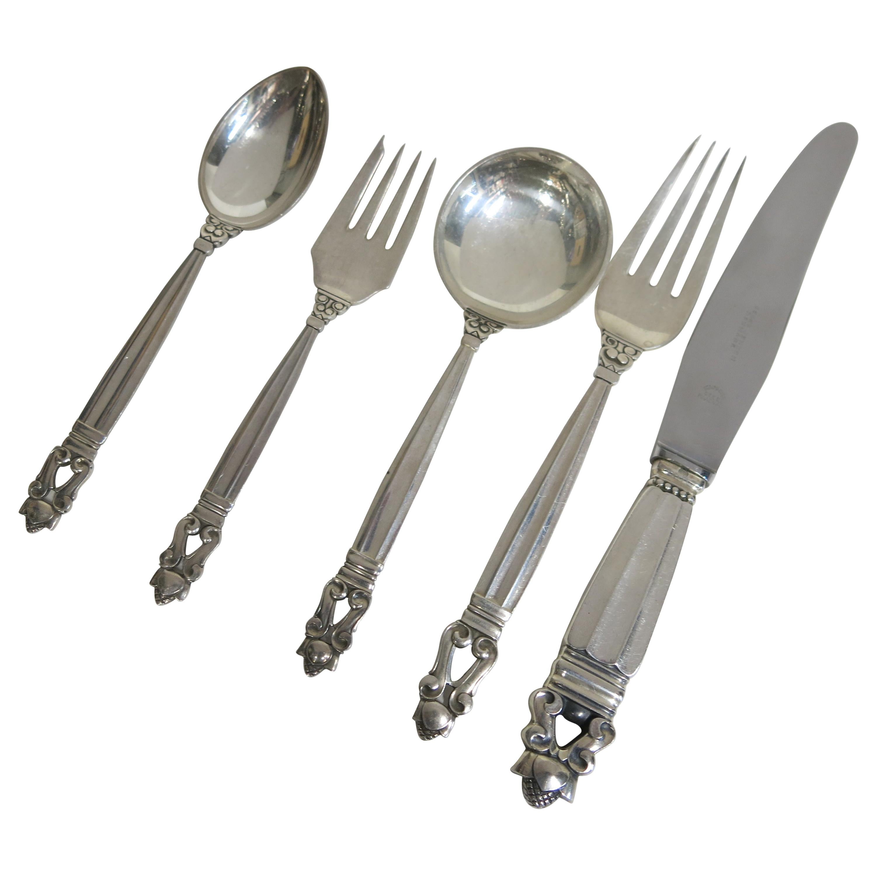 Georg Jensen, Acorn Pattern, Sterling Silver Set for 12 People, 60 Piece Set For Sale