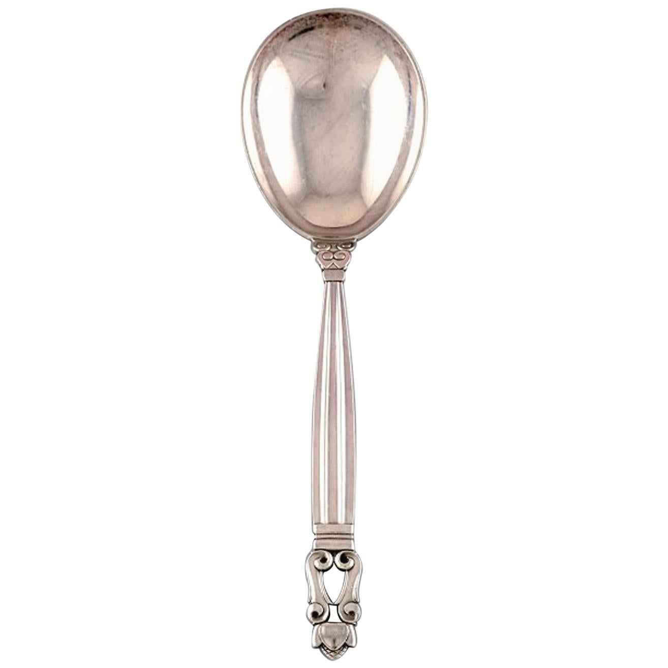 Georg Jensen "Acorn" Serving Spoon in Sterling Silver, Four Pieces, in Stock For Sale