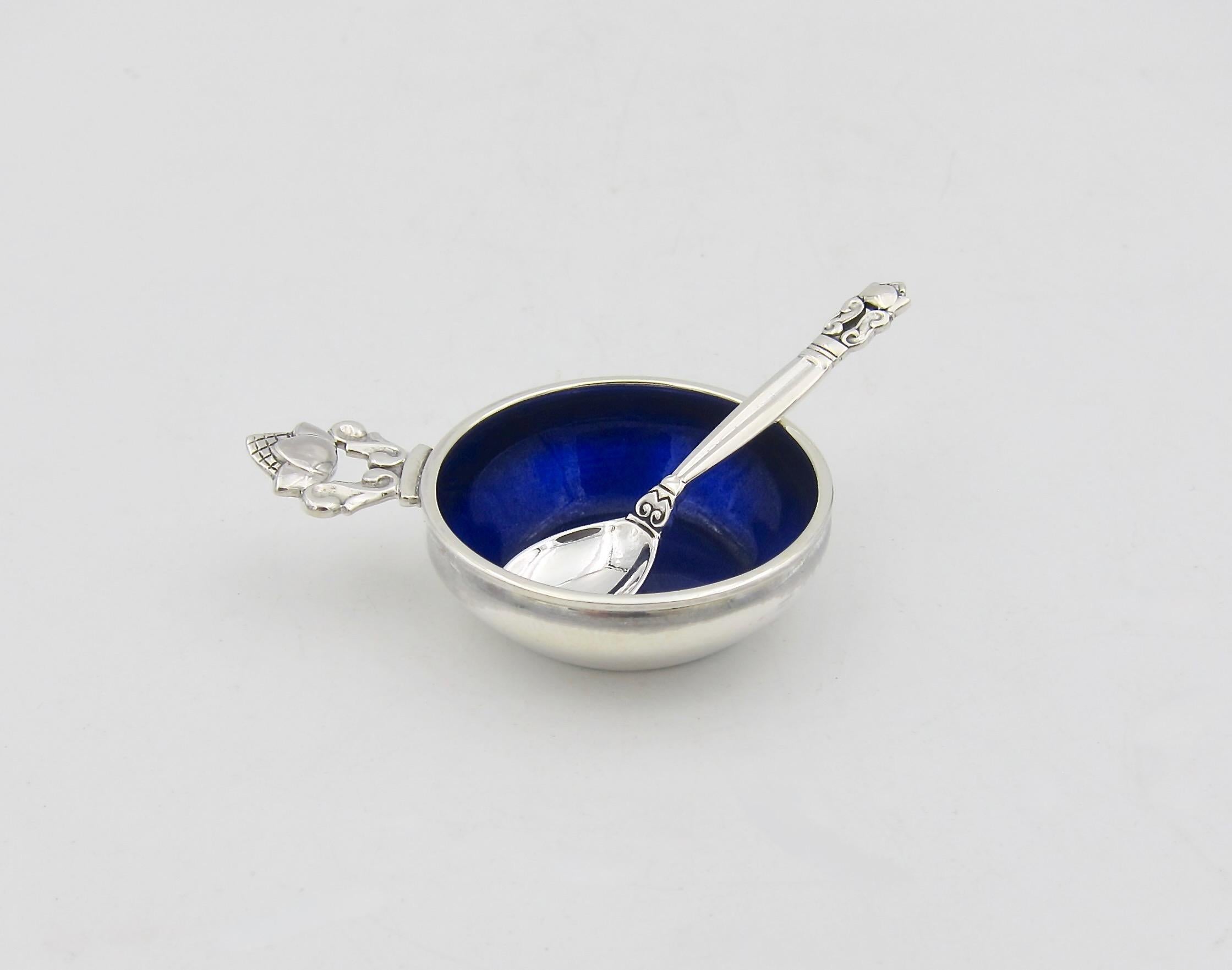Arts and Crafts Georg Jensen Acorn Sterling Silver and Blue Enamel Salt Cellar with Spoon