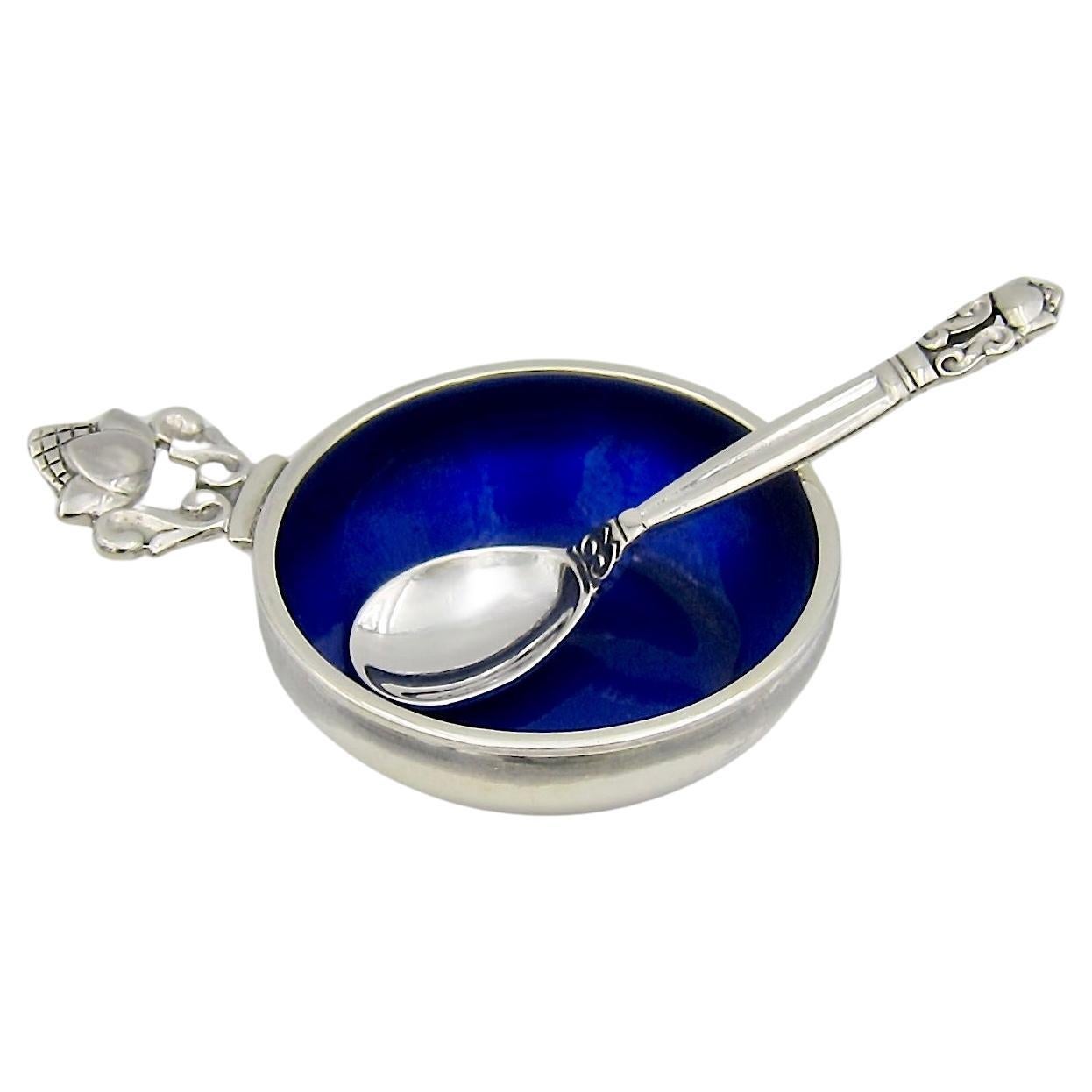 Georg Jensen Acorn Sterling Silver and Blue Enamel Salt Cellar with Spoon