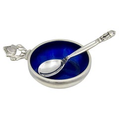 Vintage Georg Jensen Acorn Sterling Silver and Blue Enamel Salt Cellar with Spoon