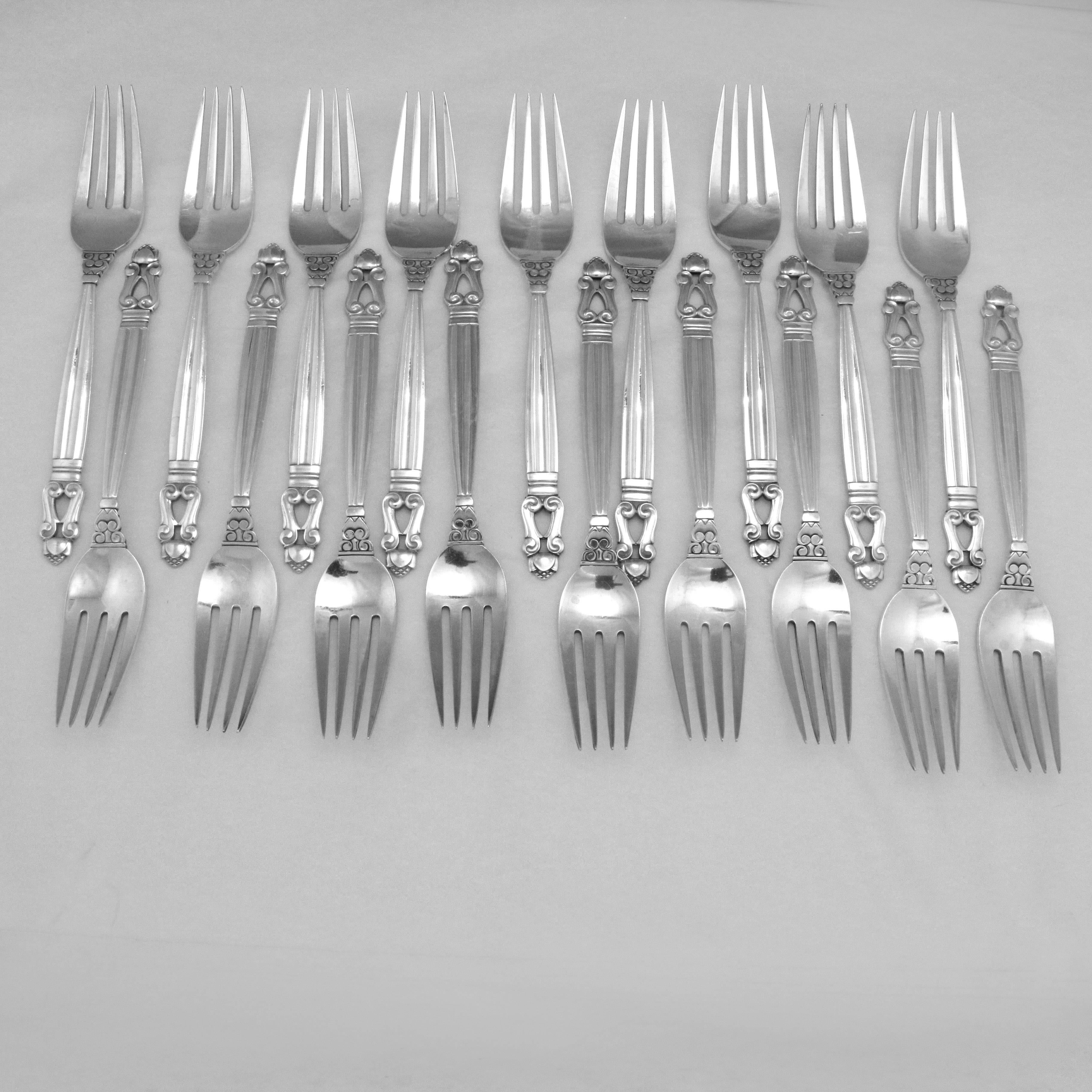 Cast Georg Jensen Acorn Sterling Silver Flatware Set for 12, in all 126 Pieces