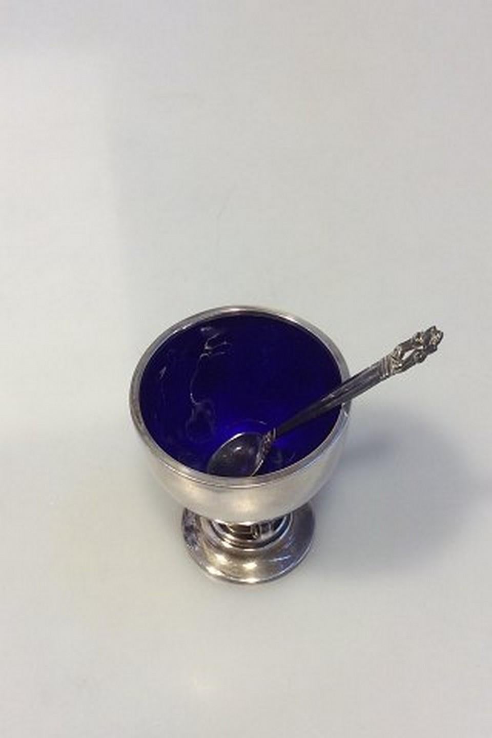 Art Nouveau Georg Jensen Acorn Sterling Silver Mustard Pot with with Enamel and Spoon No 741 For Sale