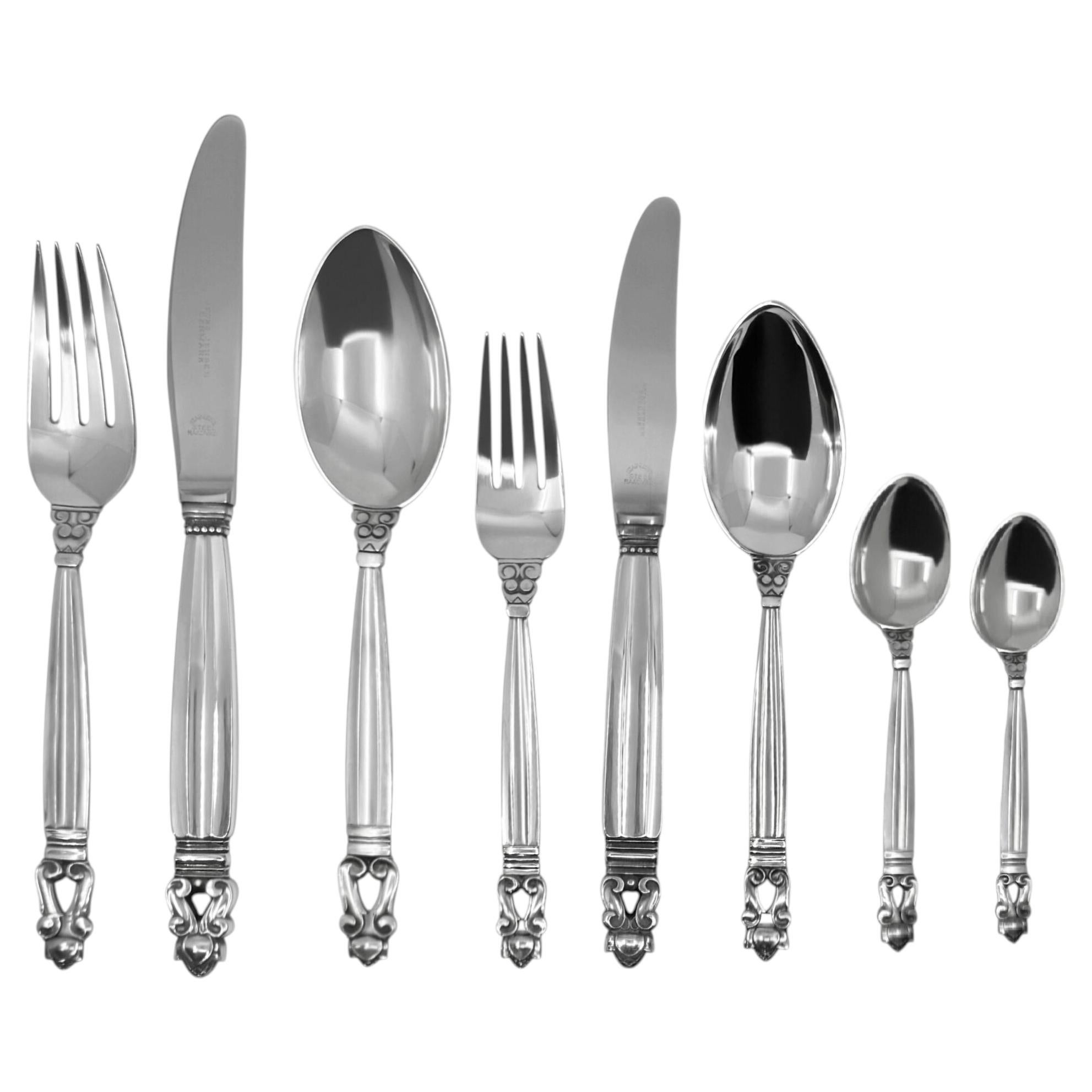 Georg Jensen Acorn Sterling Silverware Service for 12, 1915