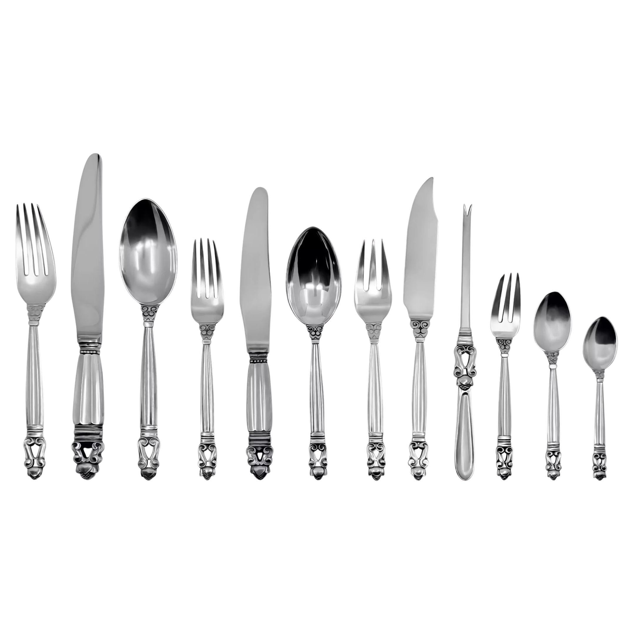 Georg Jensen Bellota Servicio de Cubiertos de Plata de Ley para 12