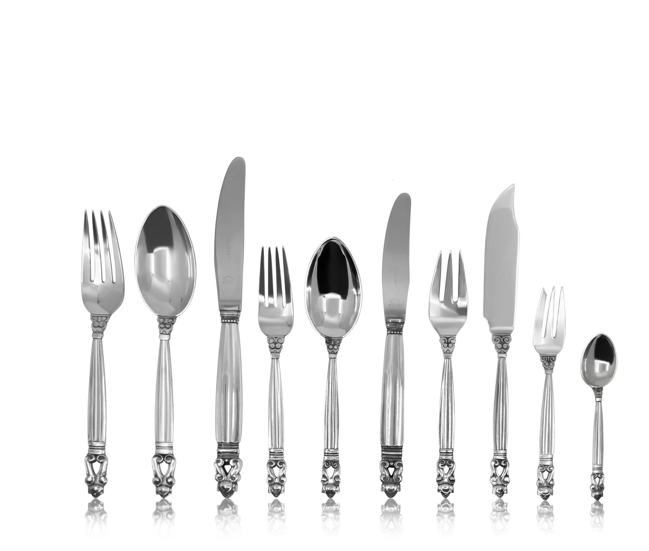 Danish Georg Jensen Acorn Sterling Silverware Service for 6 For Sale
