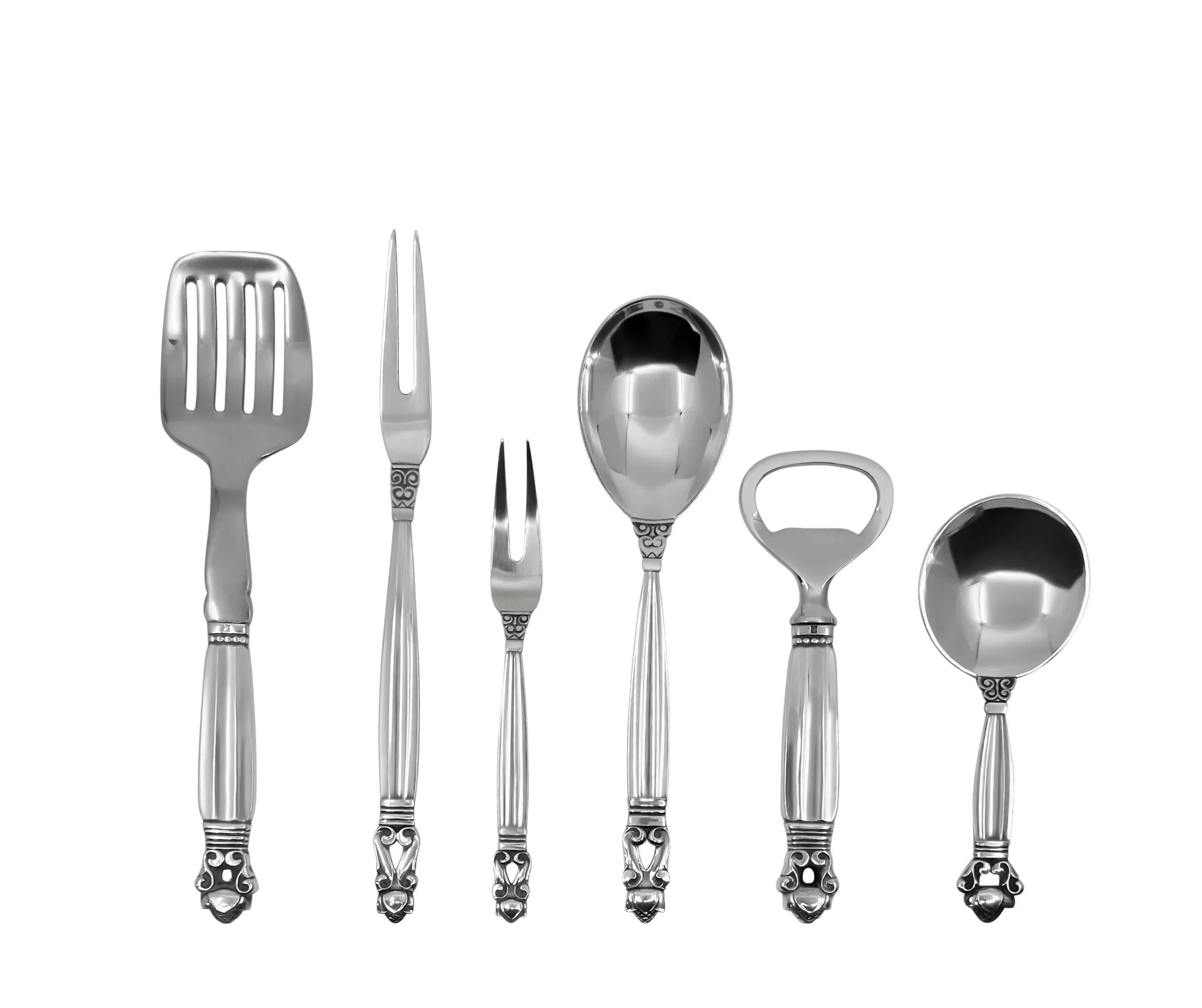Early 20th Century Georg Jensen Acorn Sterling Silverware Service for 6 For Sale