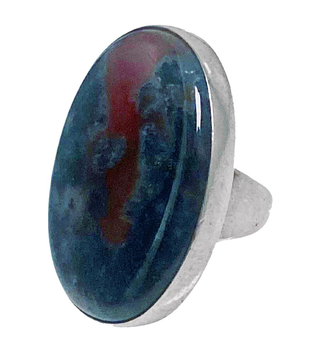 Rare design George Jensen Sterling Silver bloodstone agate Ring C.1960. Bezel set with large oval cabochon bloodstone agate gauging approximately 35 mm x 28 mm, plain shank full Georg Jensen hallmarks 925 S Denmark and design number 90D. Ring size: