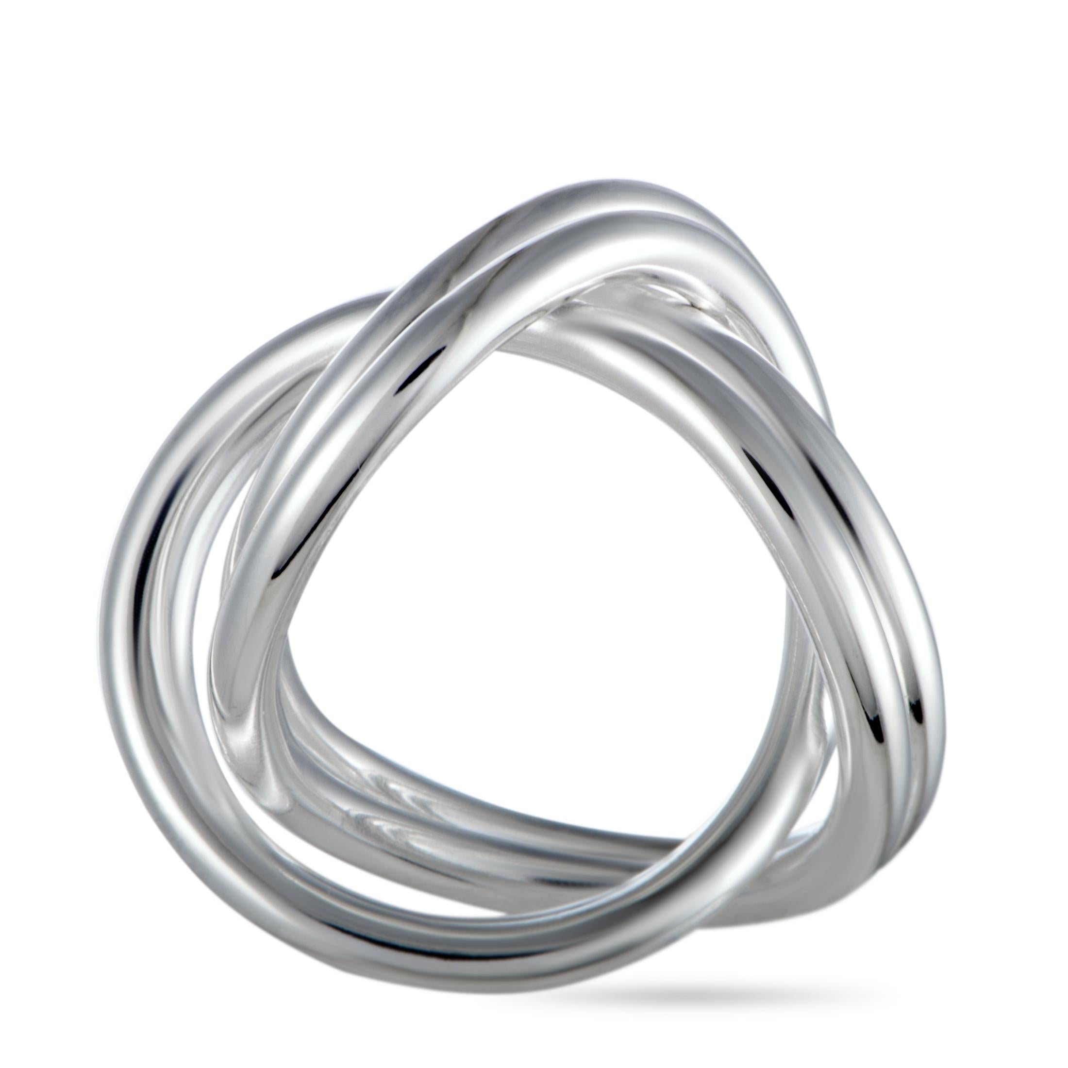The Georg Jensen “Alliance” ring is crafted from silver and weighs 10.6 grams, boasting band thickness of 14 mm.

This piece is offered in brand new condition and includes the manufacturer’s box.
Ring Size: 4.0