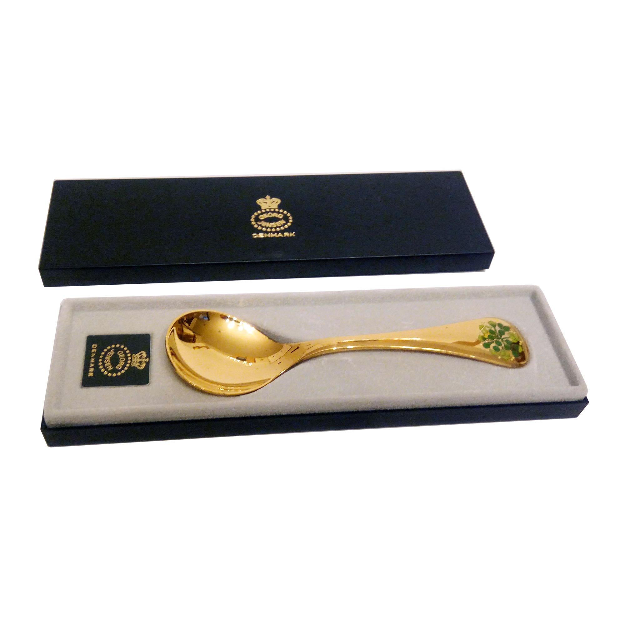 Mid-Century Modern Georg Jensen Annual Spoons Gilt Sterling Silver with Enamel, Set of 10 For Sale
