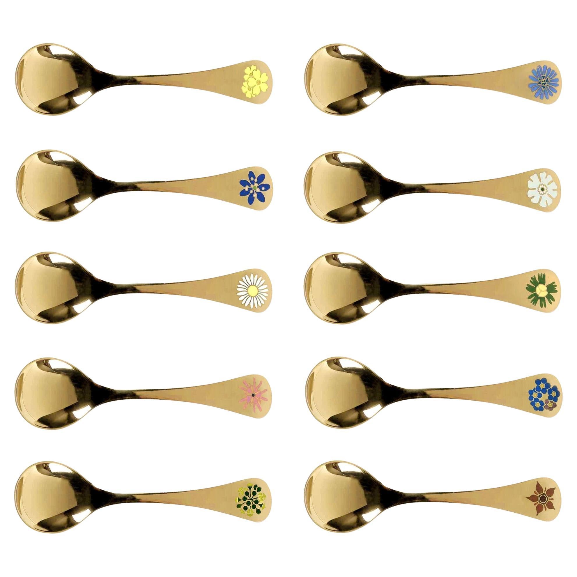 Georg Jensen Annual Spoons Gilt Sterling Silver with Enamel, Set of 10 For Sale