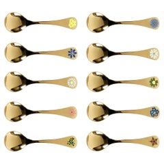 Georg Jensen Annual Spoons Gilt Sterling Silver with Enamel, Set of 10