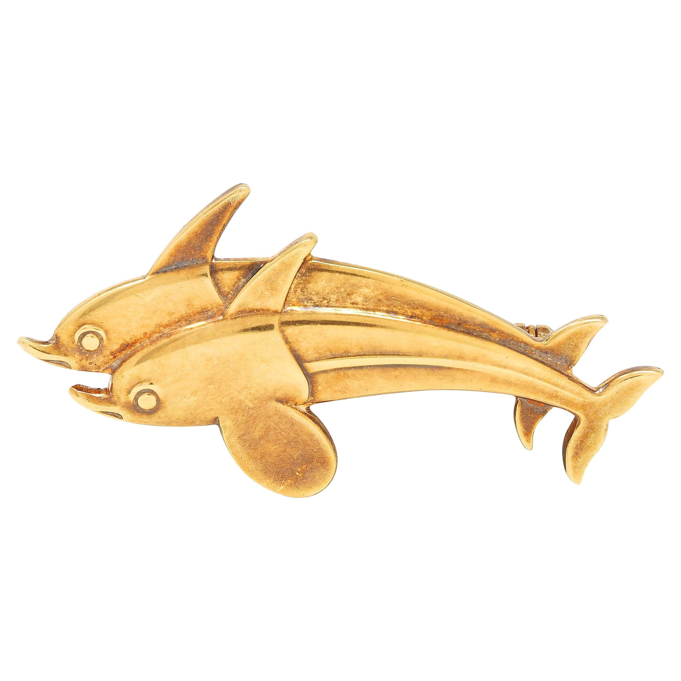 Georg Jensen Arno Malinowski Modernist 18K Gold Vintage Double Dolphin Brooch