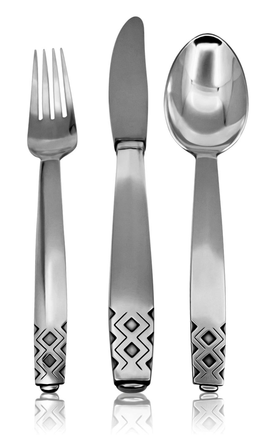 Danish Georg Jensen Art Deco Mayan Sterling Silverware Service for 12 For Sale