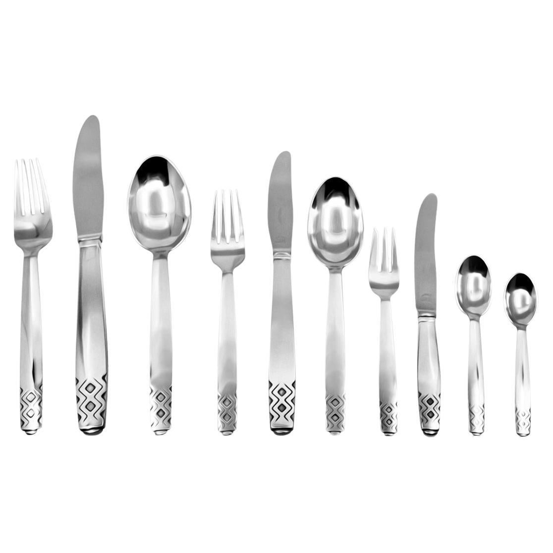 Hand-Crafted Georg Jensen Art Deco Mayan Sterling Silverware Service for 12 For Sale