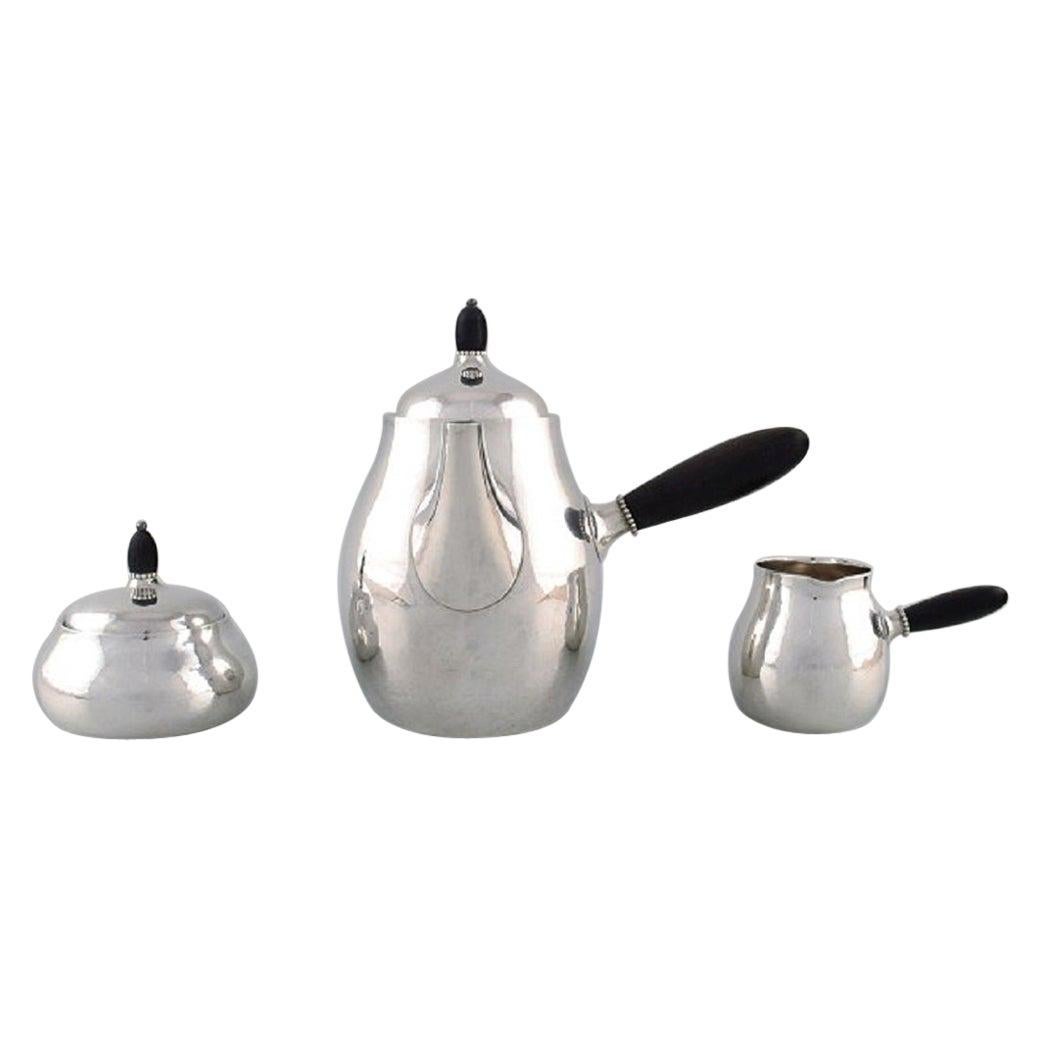 Georg Jensen Art Nouveau Coffee Pot with Sugar Bowl and Creamer, Sterling Silver