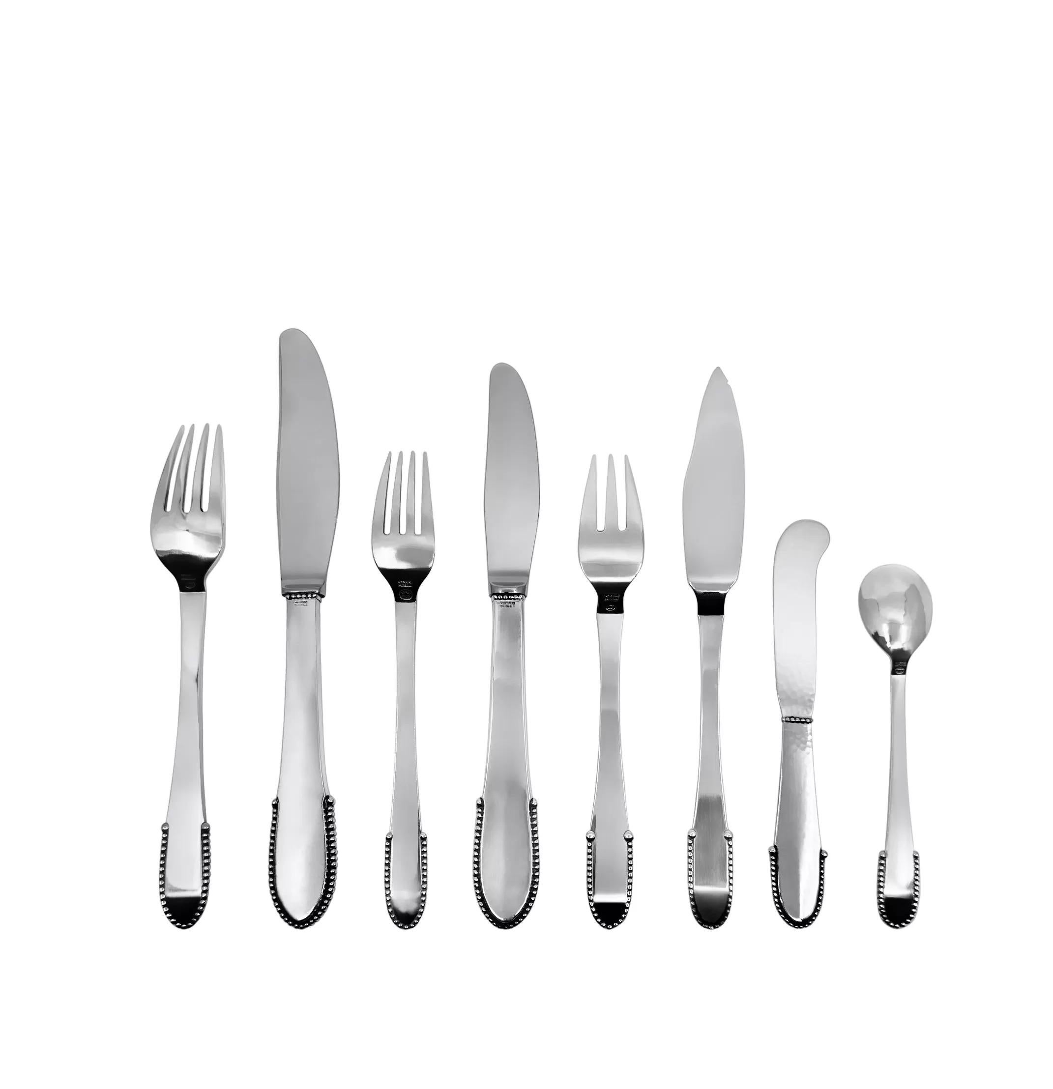 Art Nouveau Georg Jensen Beaded Sterling Silverware Set for 12 For Sale