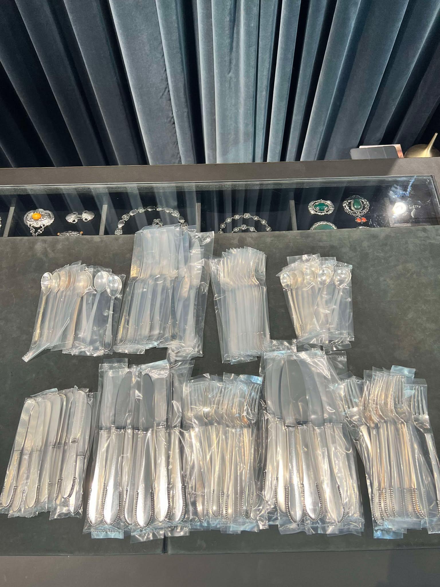 Danish Georg Jensen Beaded Sterling Silverware Set for 12 For Sale