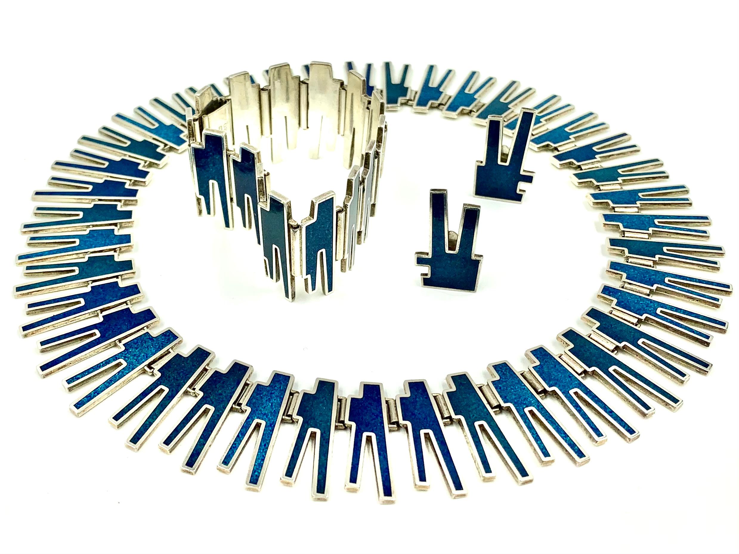 Georg Jensen Bente Bonne Silver, Enamel Necklace, Bracelet, Earrings Set, 1960s For Sale 4