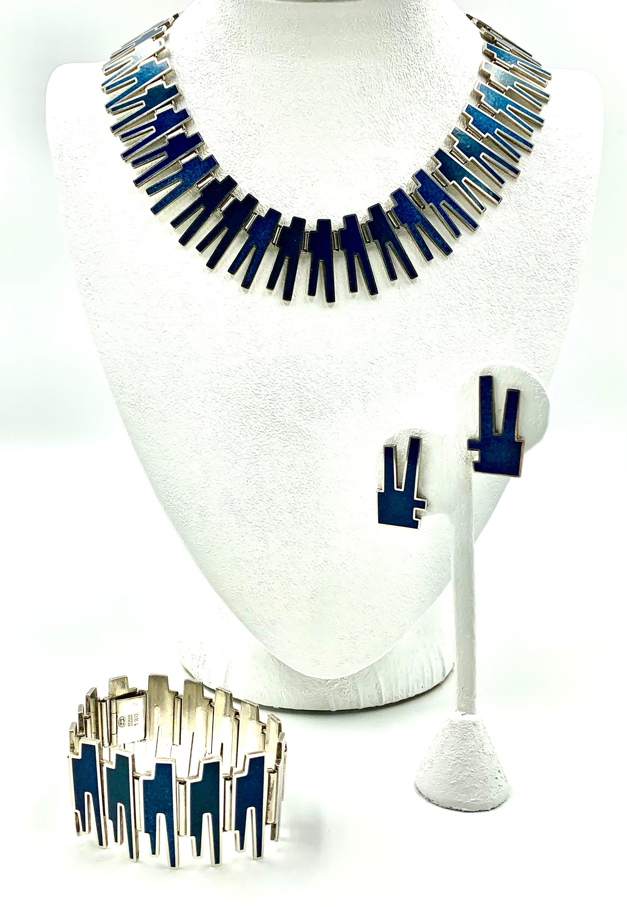 Georg Jensen Bente Bonne Silver, Enamel Necklace, Bracelet, Earrings Set, 1960s For Sale 10