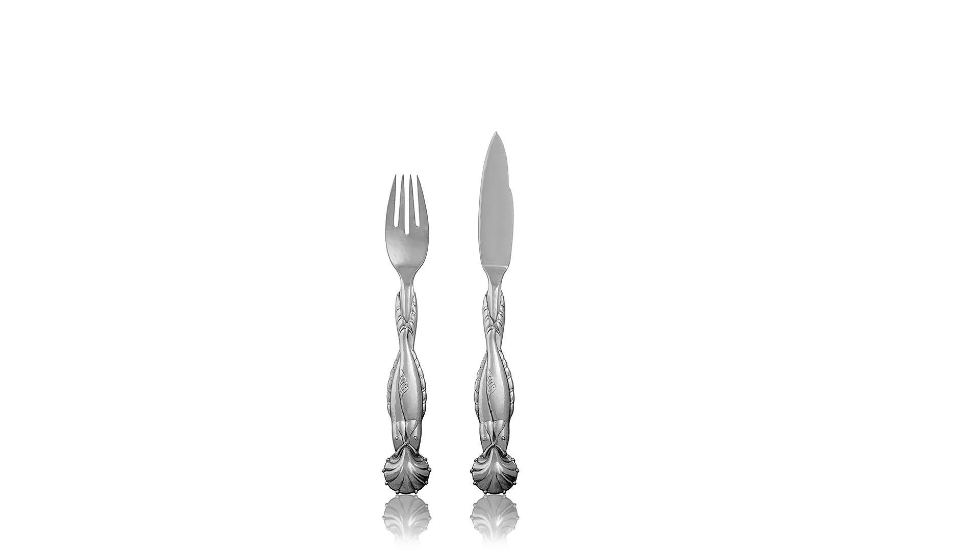 Danish Georg Jensen Boxed Fish Sterling Silver Service 55 For Sale