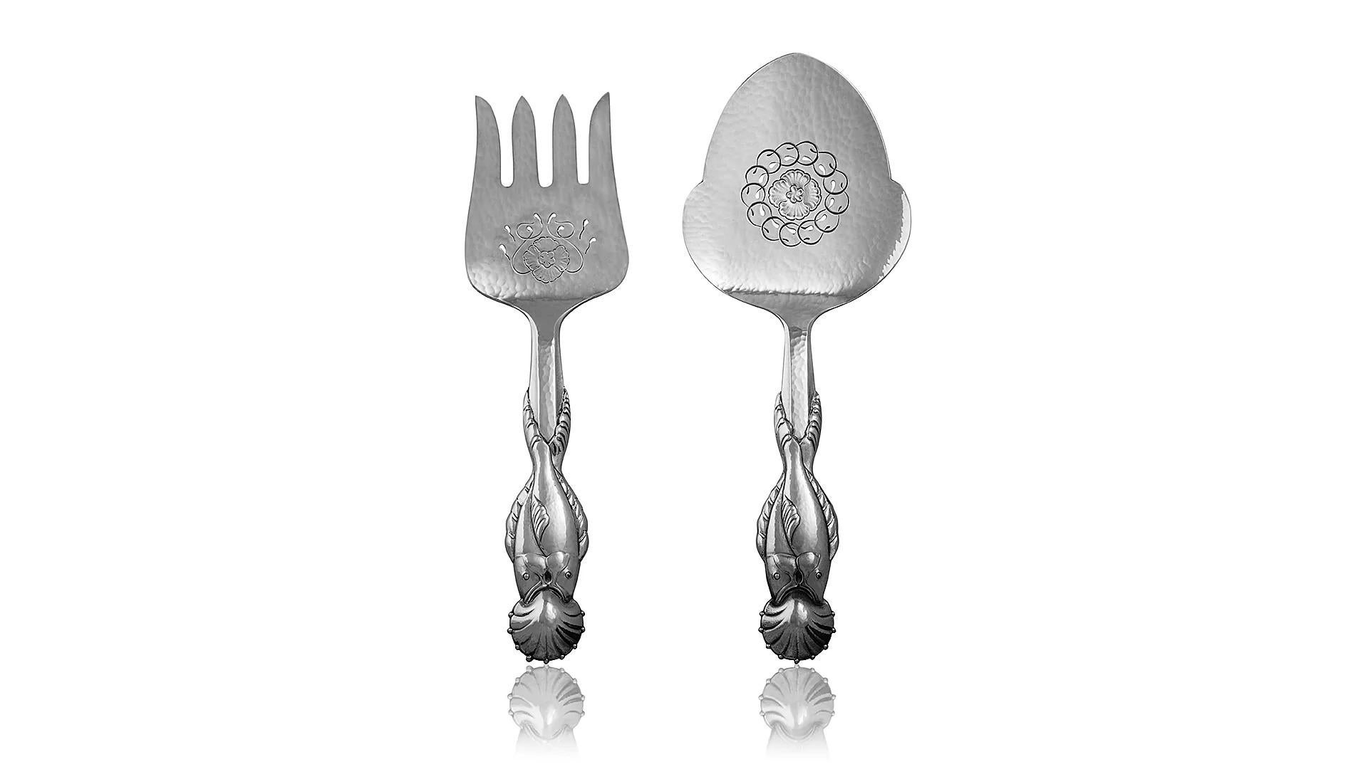 Forged Georg Jensen Boxed Fish Sterling Silver Service 55 For Sale