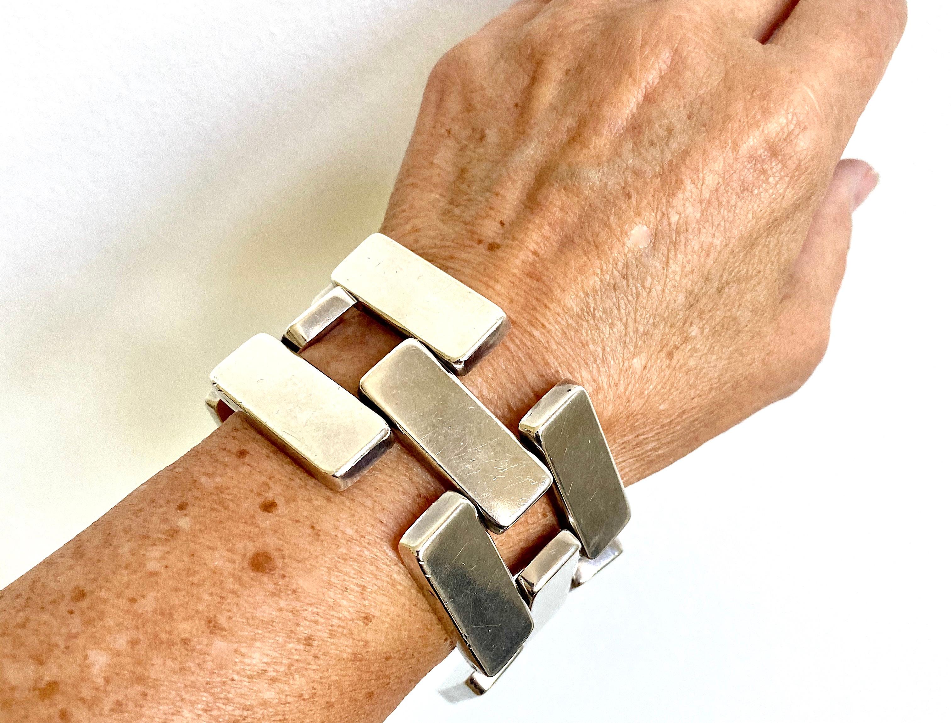 Georg Jensen sterling silver large box bracelet designed by Astrid Fog Denmark c.1960 
Design number 194 comes in a Georg Jensen box
Very substantial piece 
Astrid Fog created her first jewellery collection for Georg Jensen in 1969. From the