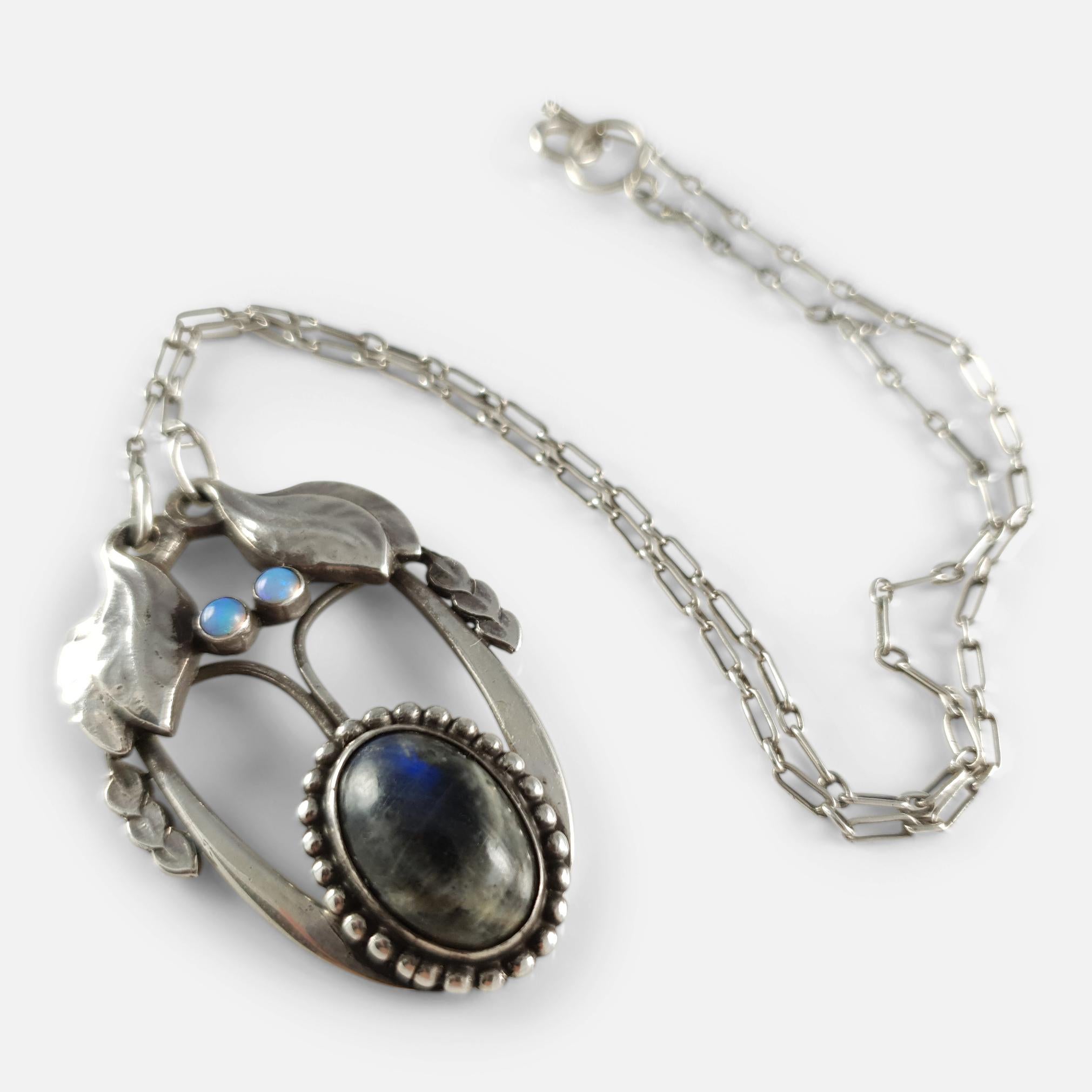 Georg Jensen Silver Opal and Labradorite Cabochon Pendant Necklace #4 c1904-1908 In Good Condition For Sale In Glasgow, GB