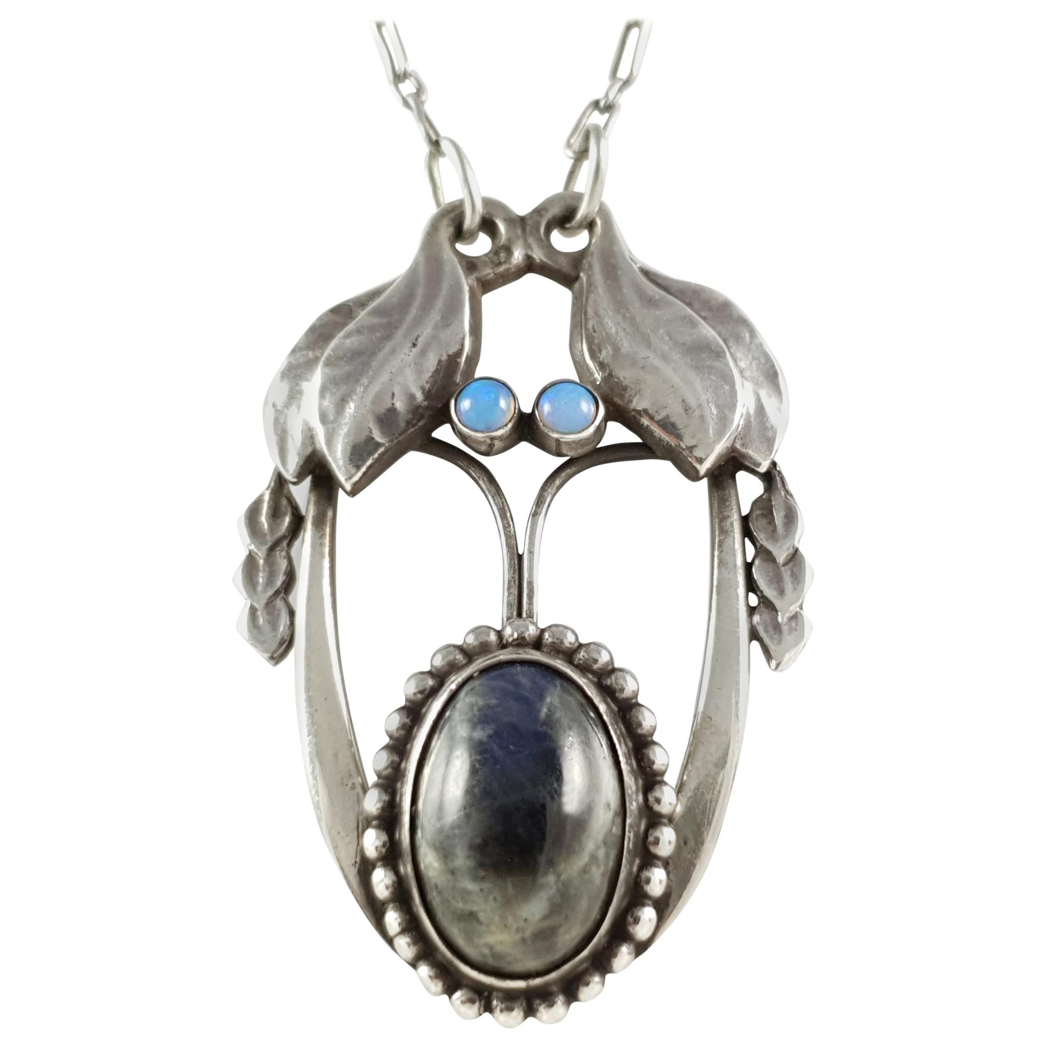 Georg Jensen Silber Opal und Labradorit Cabochon Anhänger Halskette #4 c1904-1908