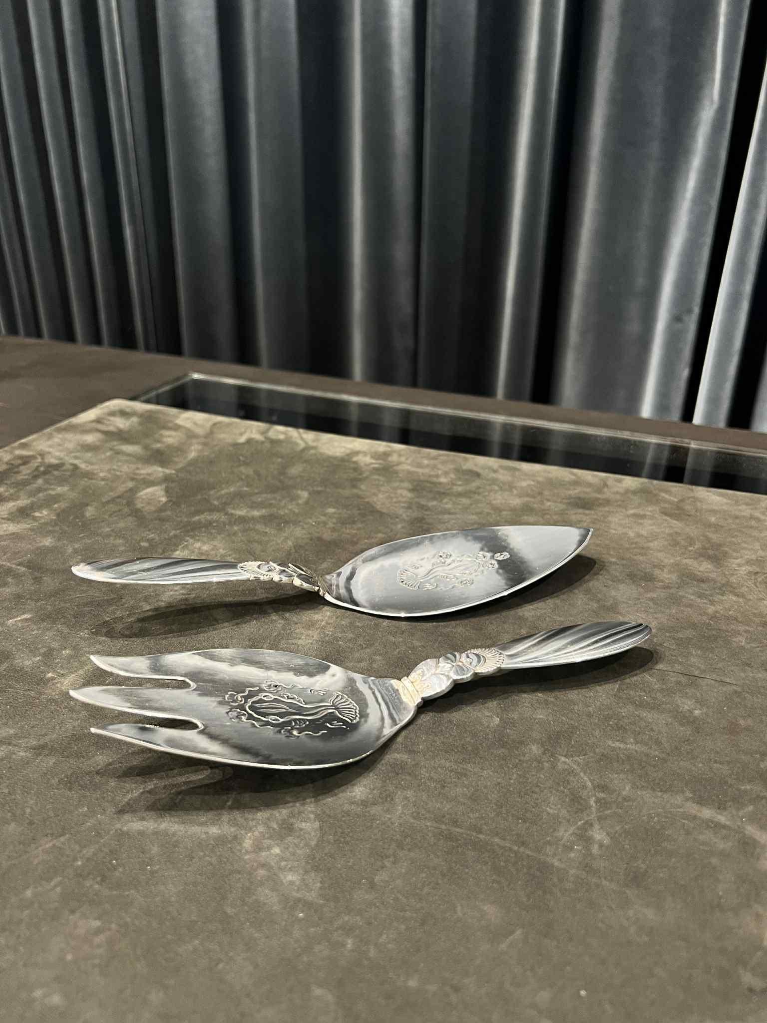 Art Deco Georg Jensen Cactus Sterling Silver Fish Serving Set 232 For Sale