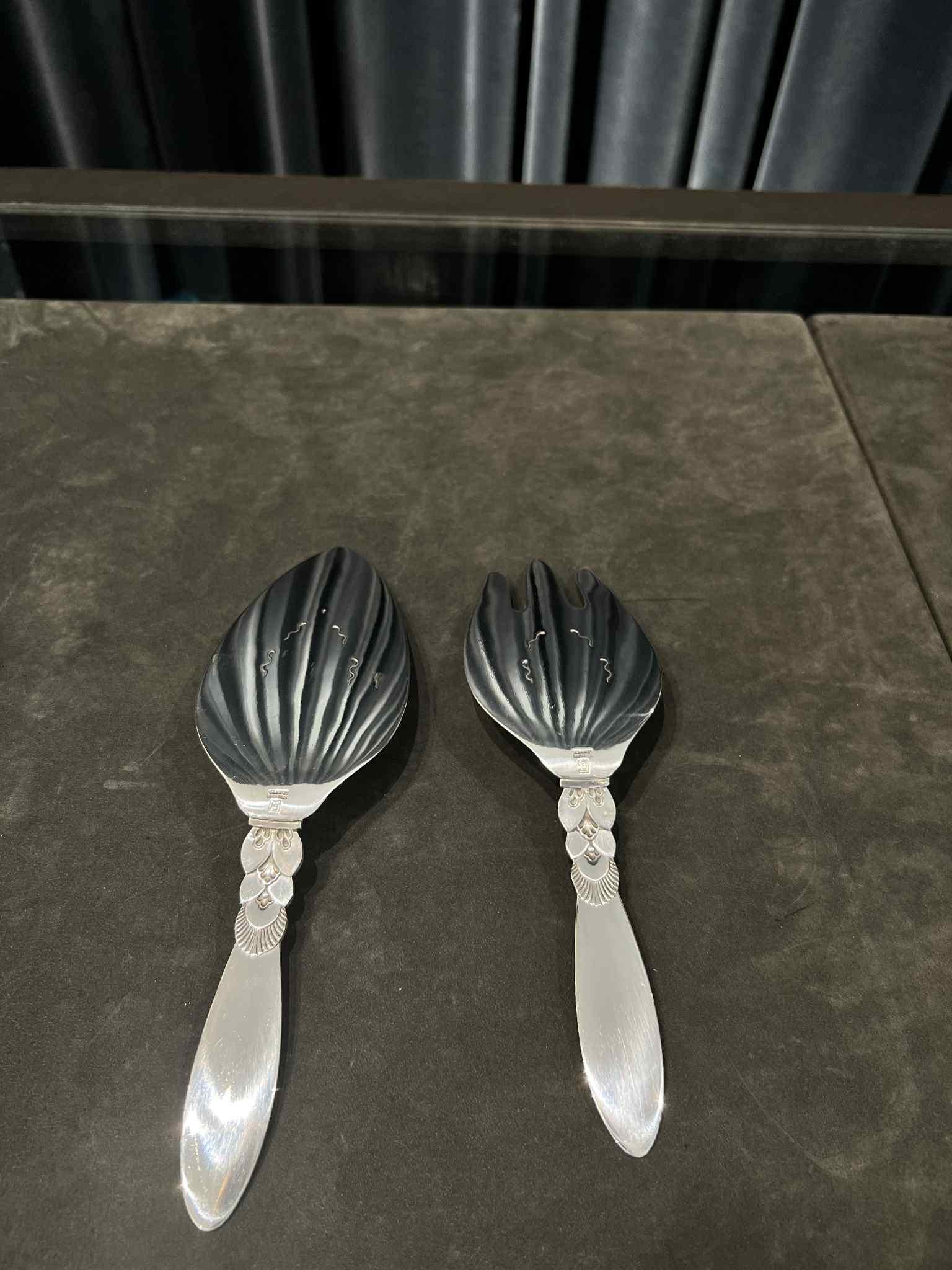 Danish Georg Jensen Cactus Sterling Silver Fish Serving Set 232 For Sale
