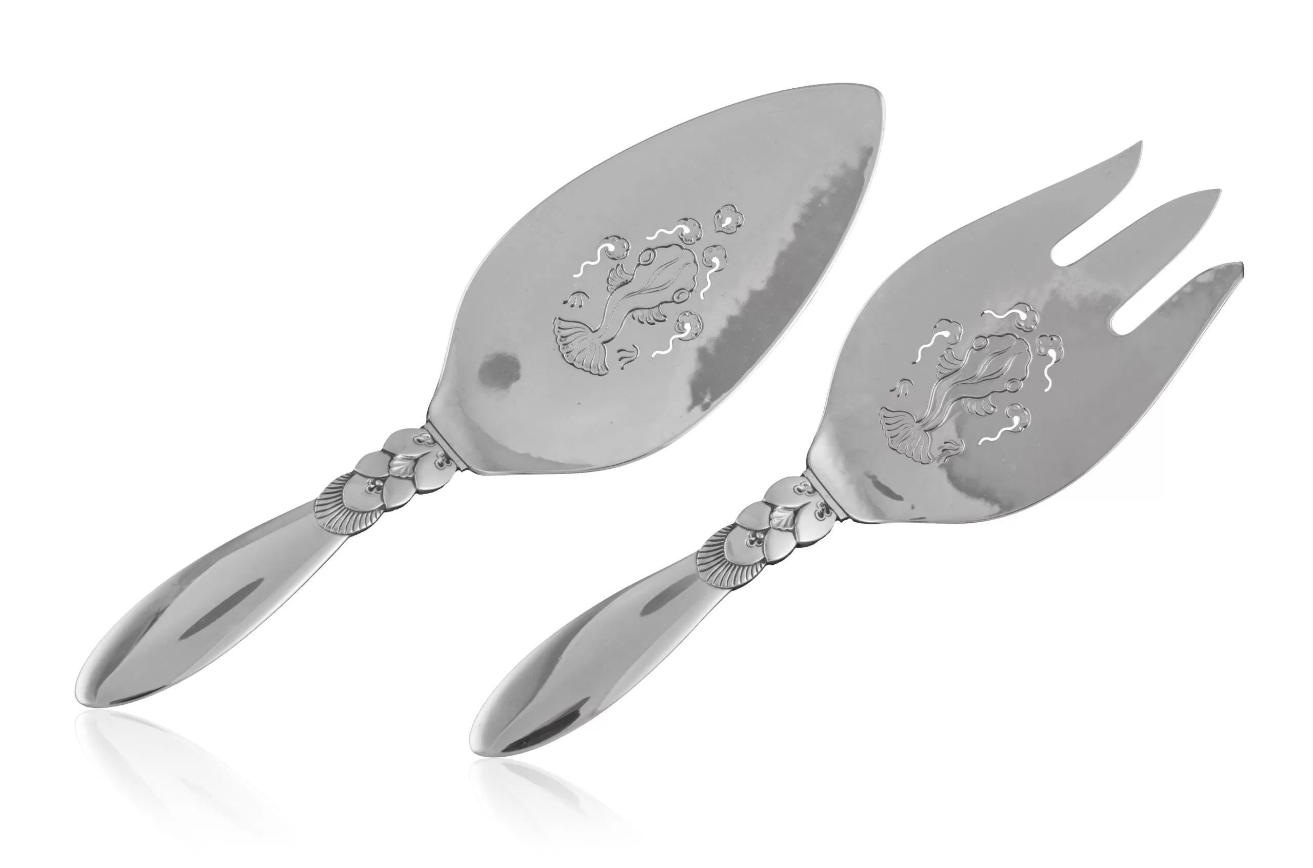 Hand-Crafted Georg Jensen Cactus Sterling Silver Fish Serving Set 232 For Sale