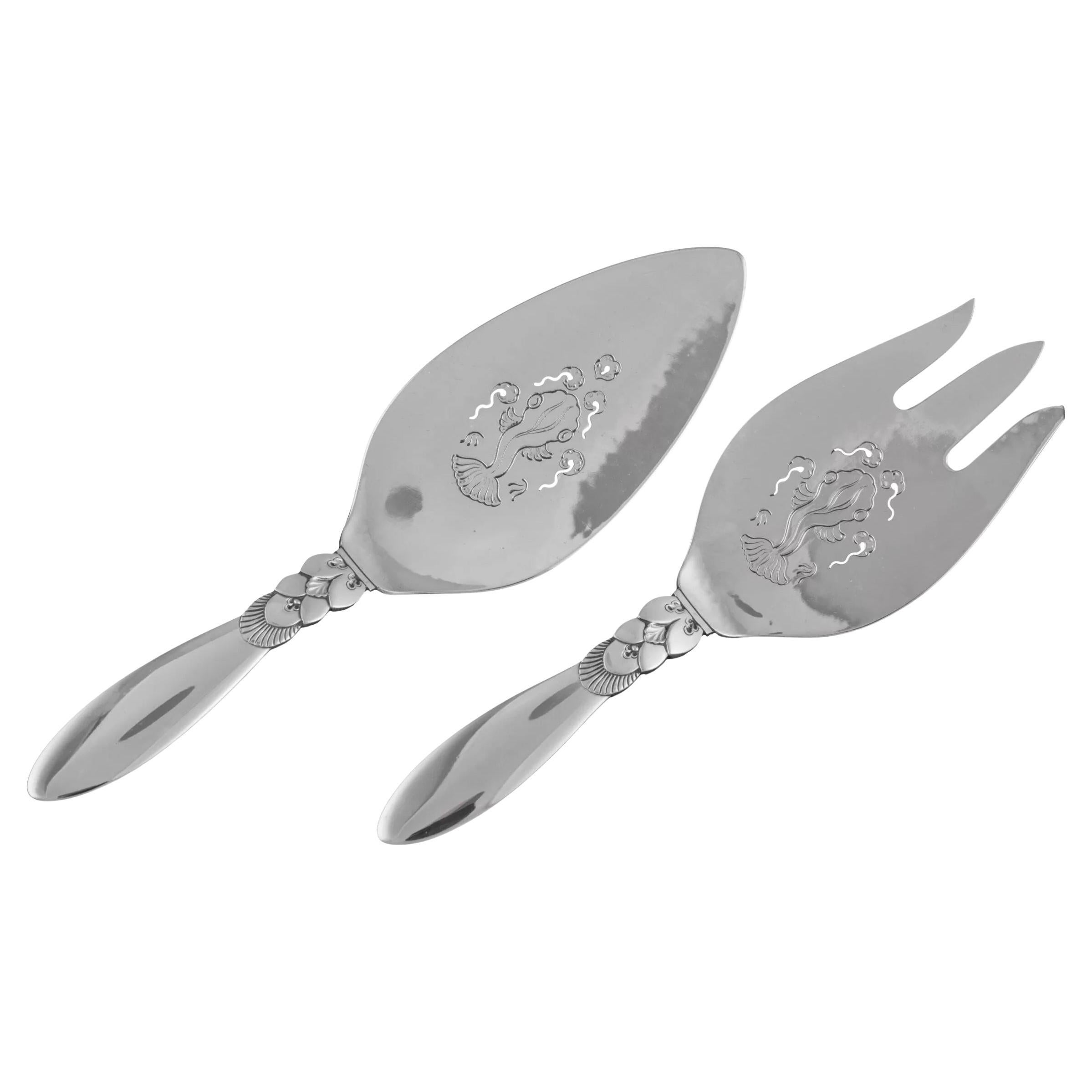 Georg Jensen Cactus Sterling Silver Fish Serving Set 232 For Sale