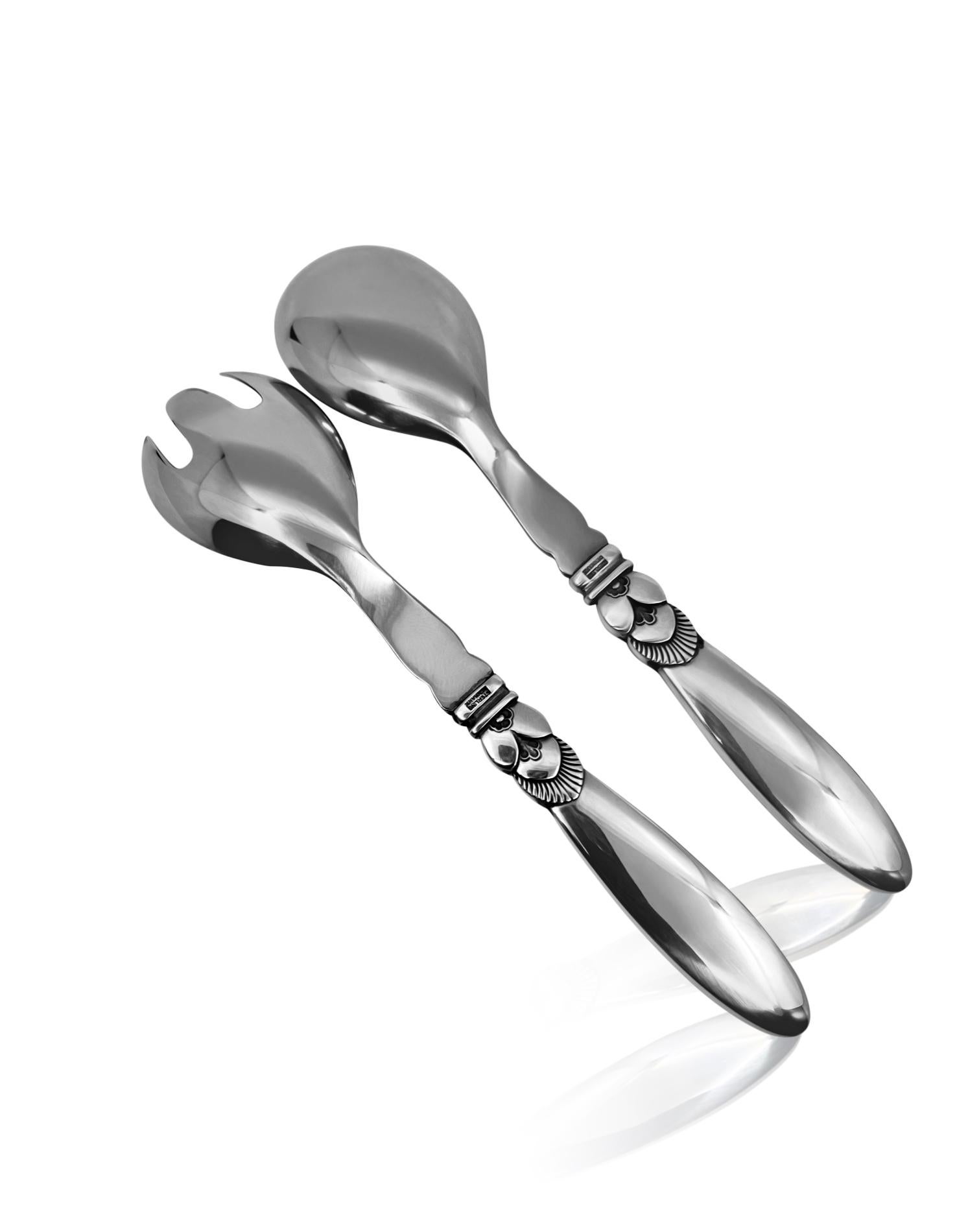 Art Deco Georg Jensen Cactus Sterling Silver Salad Set Small 134 For Sale