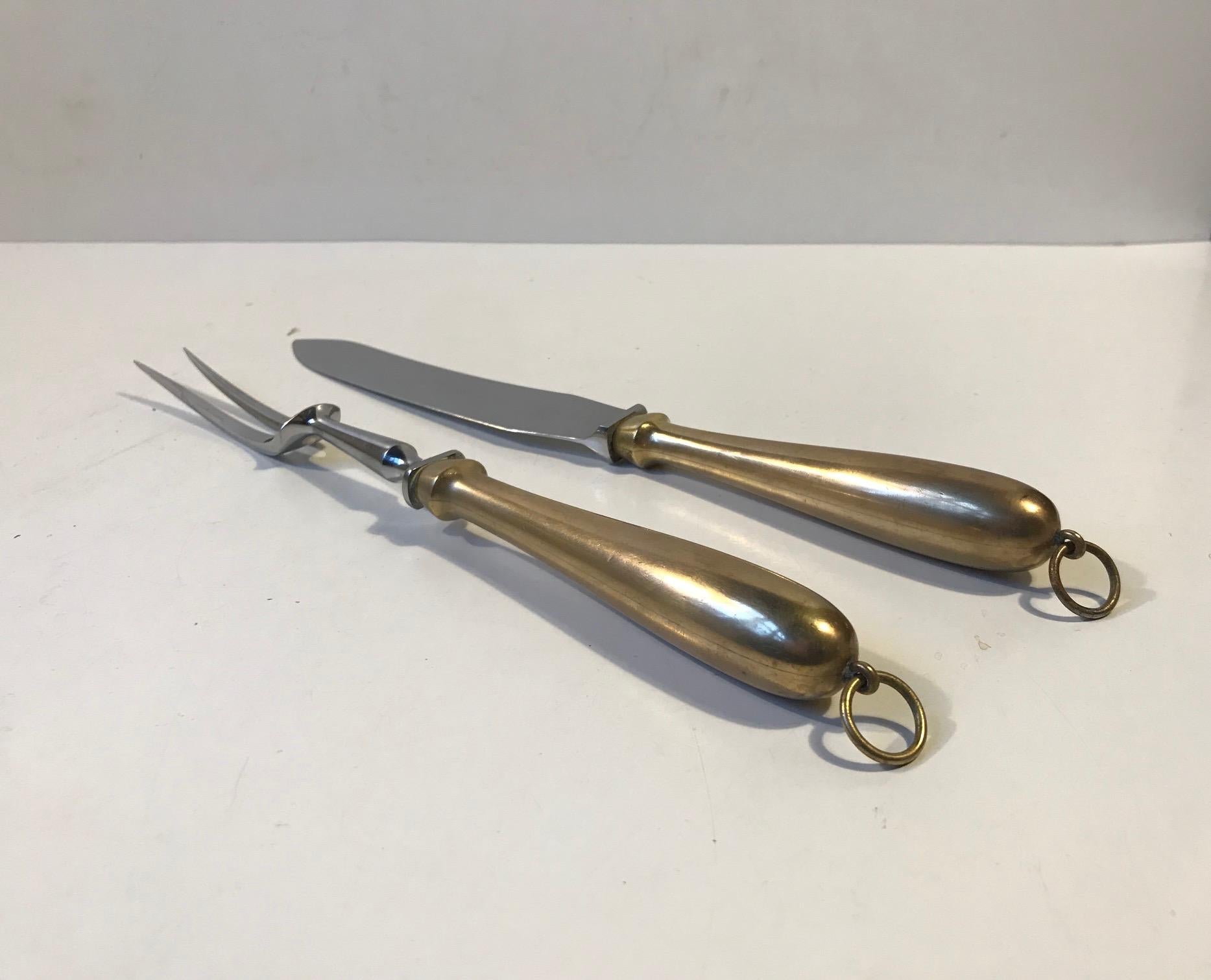 Mid-Century Modern Georg Jensen Carving Set with Organically Shaped Solid Brass Handles, circa 1950 For Sale