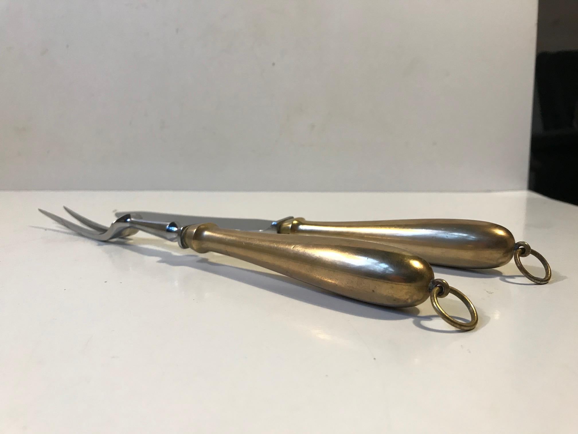 Patinated Georg Jensen Carving Set with Organically Shaped Solid Brass Handles, circa 1950 For Sale