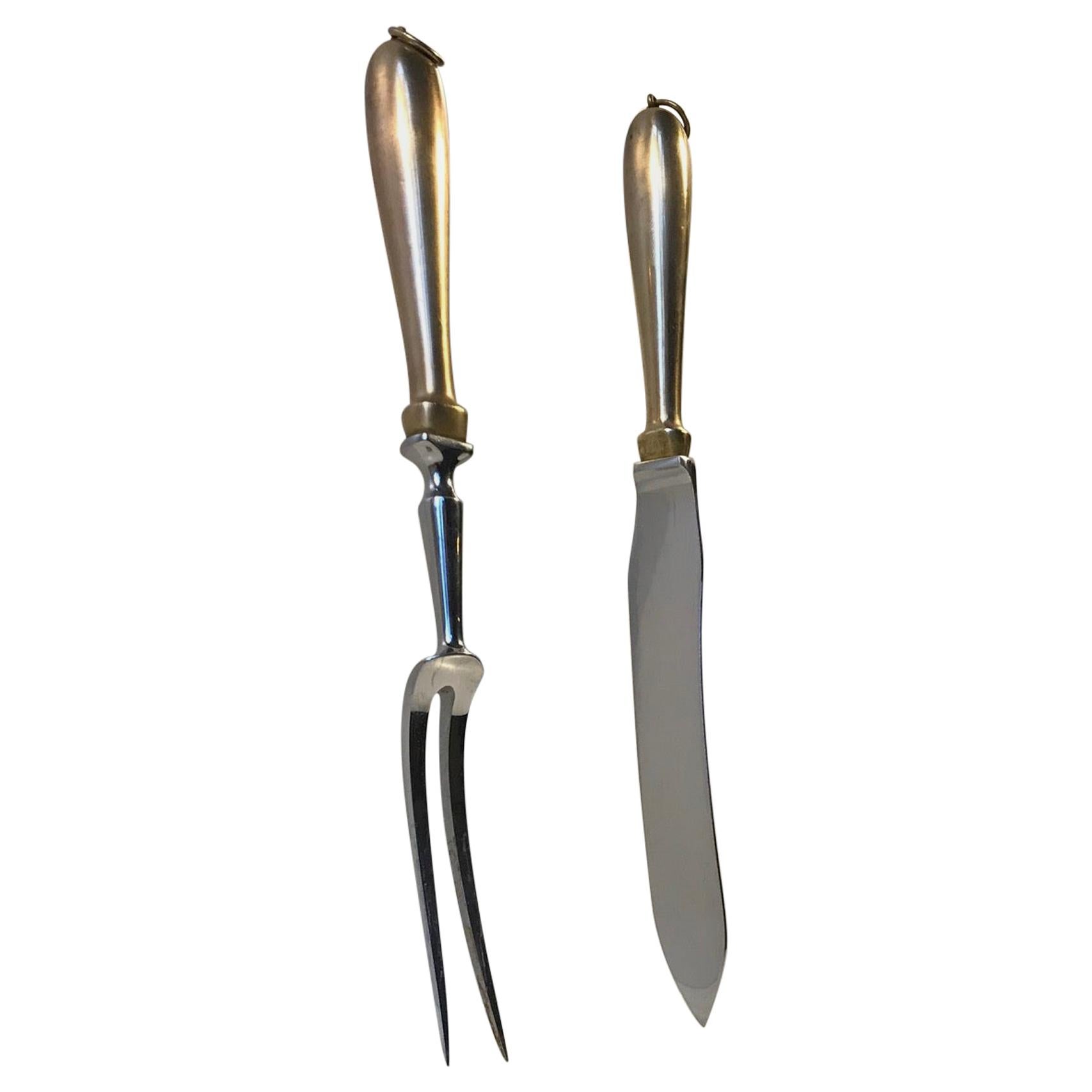 Georg Jensen Carving Set with Organically Shaped Solid Brass Handles, circa 1950 For Sale