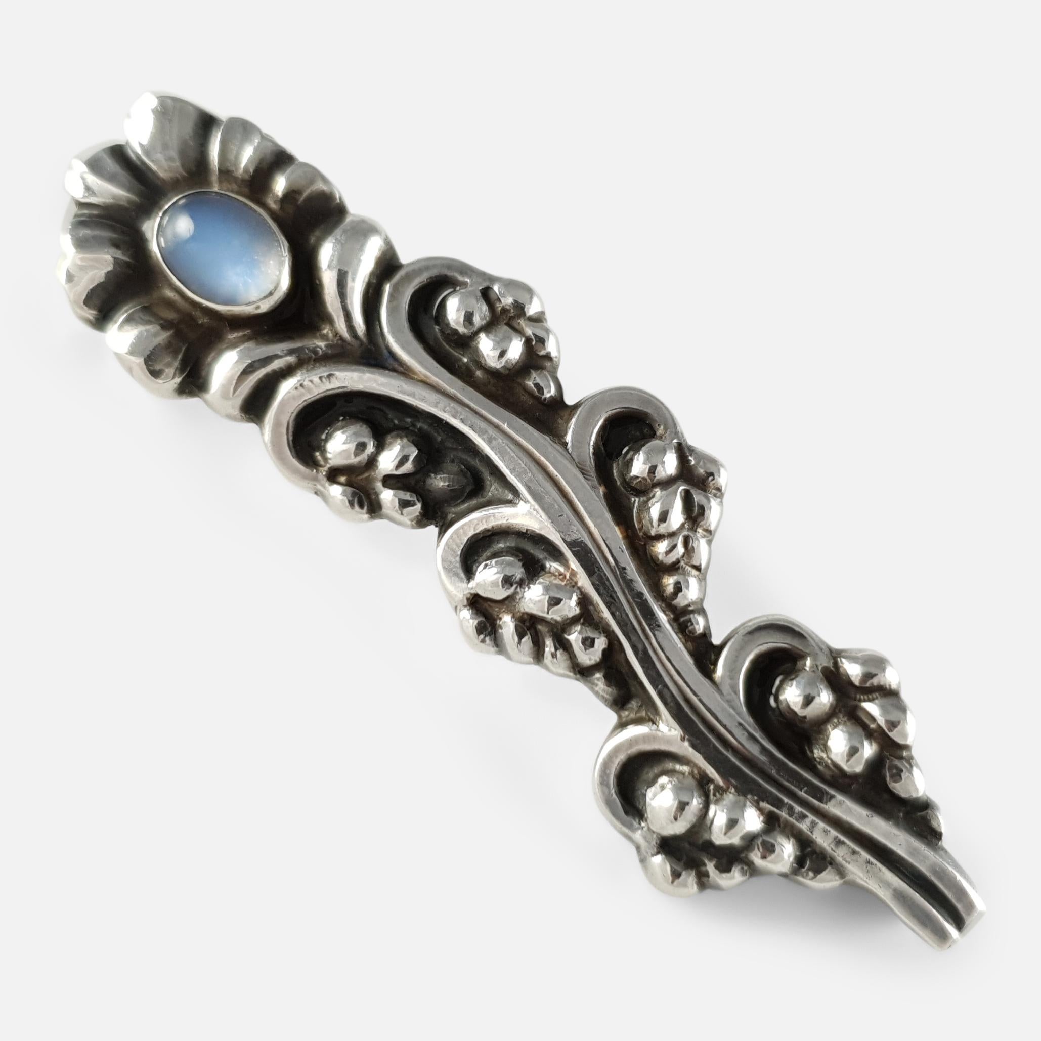 Art Deco Georg Jensen Silver and Moonstone Foliate Brooch #104, circa 1933-1944