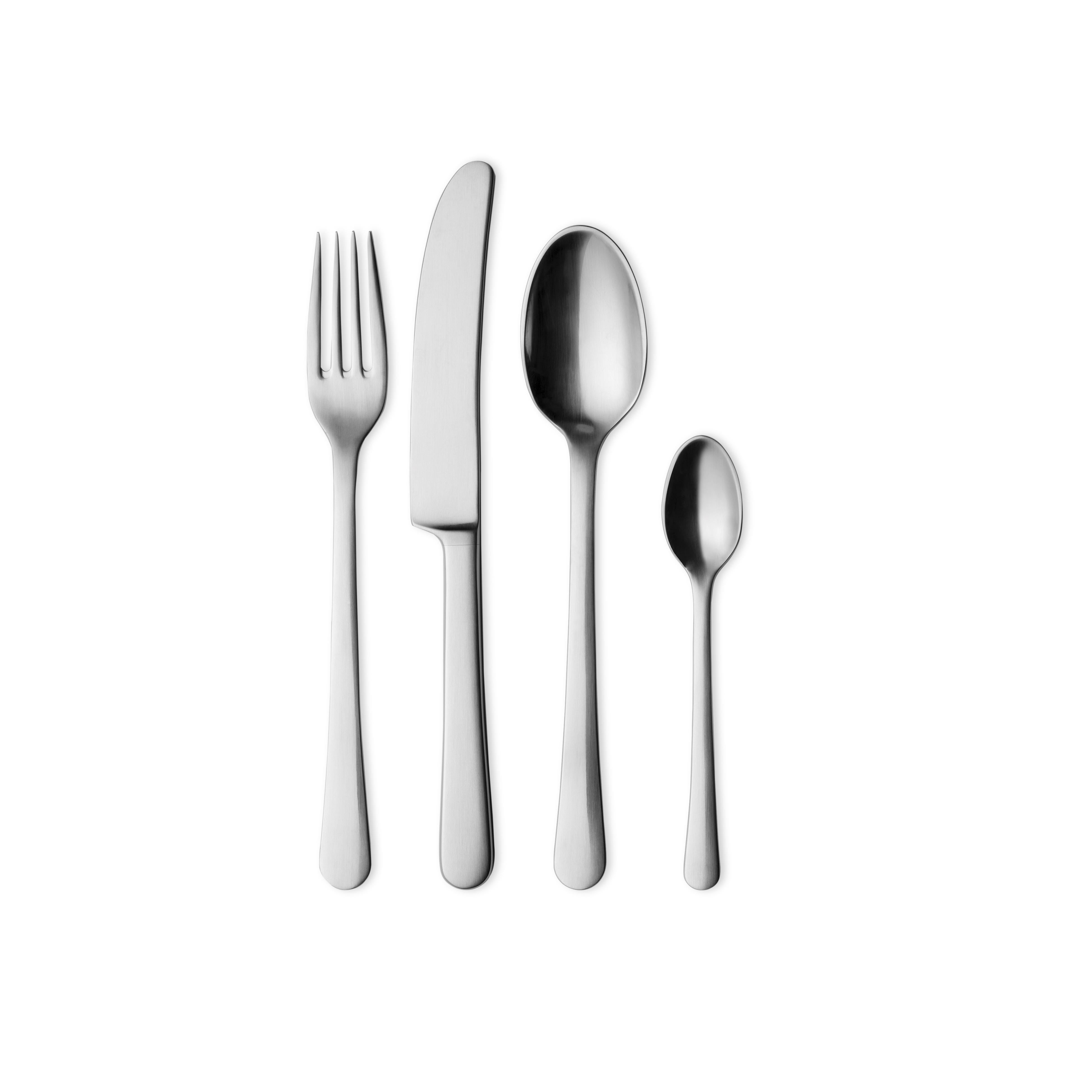 Matte stainless steel cutlery giftbox with: dinner spoon, dinner fork, long grill dinner knife and tea spoon.