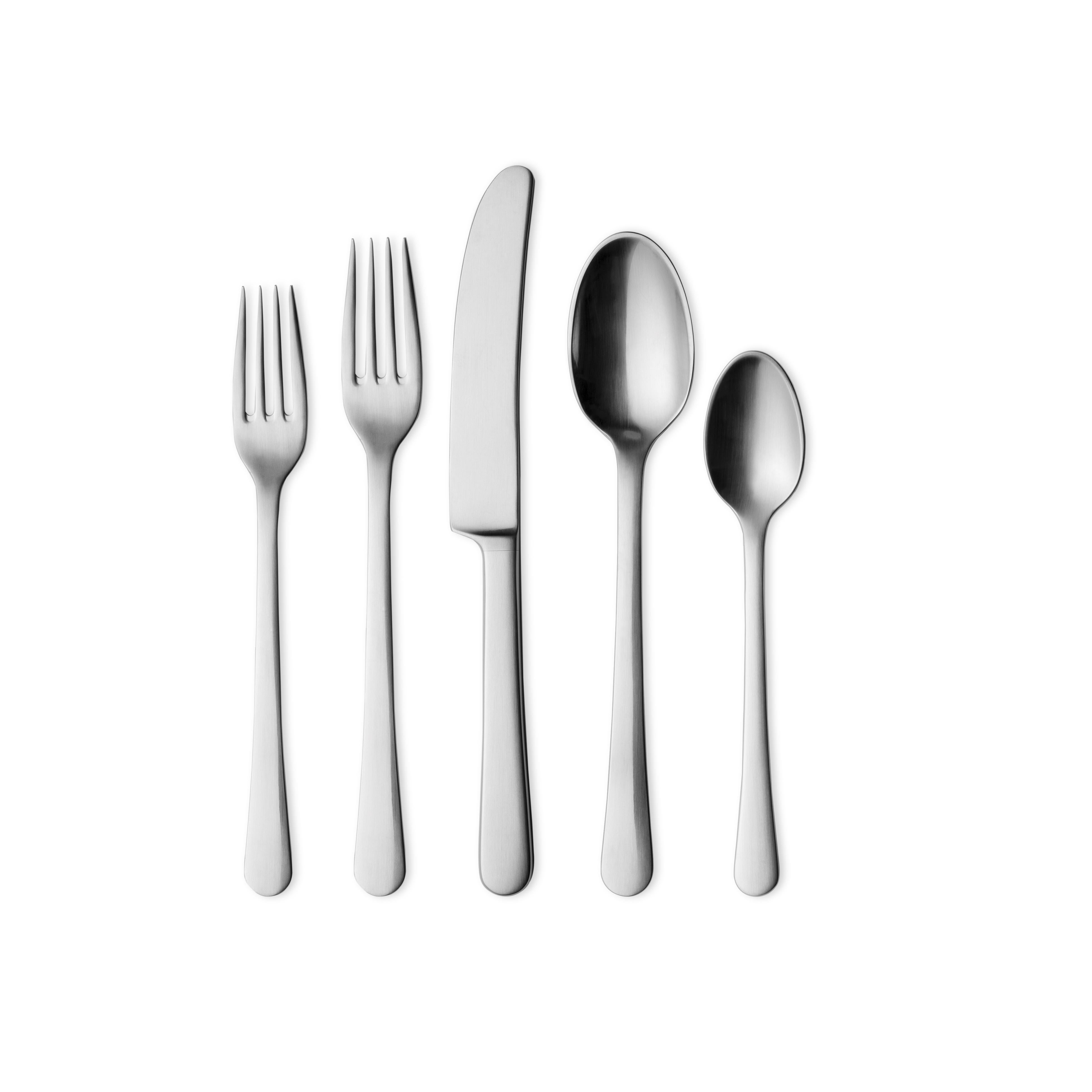 Matte stainless steel cutlery giftbox with: a dinner fork, long dinner knife, dessert spoon, starter fork and teaspoon.