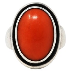 Georg Jensen Coral Cabochon Sterling Silver Unisex Ring