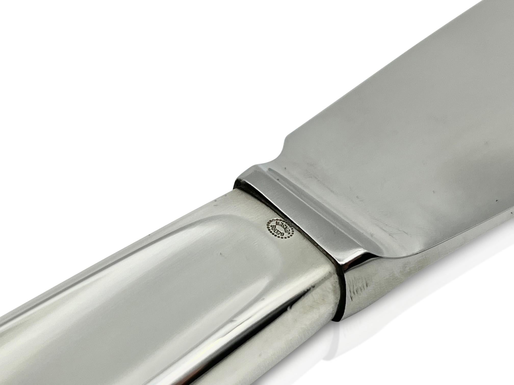 Georg Jensen cake knife with sterling silver handle and stainless steel blade, item 196 in the Cypress pattern, design #99 by Tias Eckhoff. Norwegian designer Tias Eckhoff’s Cypress was the winning design in a competition to design a flatware