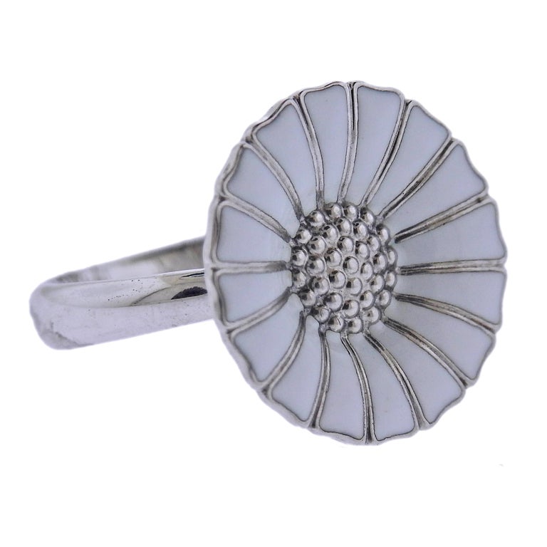Georg Jensen Daisy Flower Silver White Enamel Ring For Sale at 1stDibs