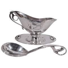 Georg Jensen Danish Art Nouveau Gravy Boat on Stand with Ladle